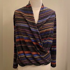 Ariella Gray Blue Orange Grey Striped Cowl Neck Wrap Long Sleeve Slouchy Top S